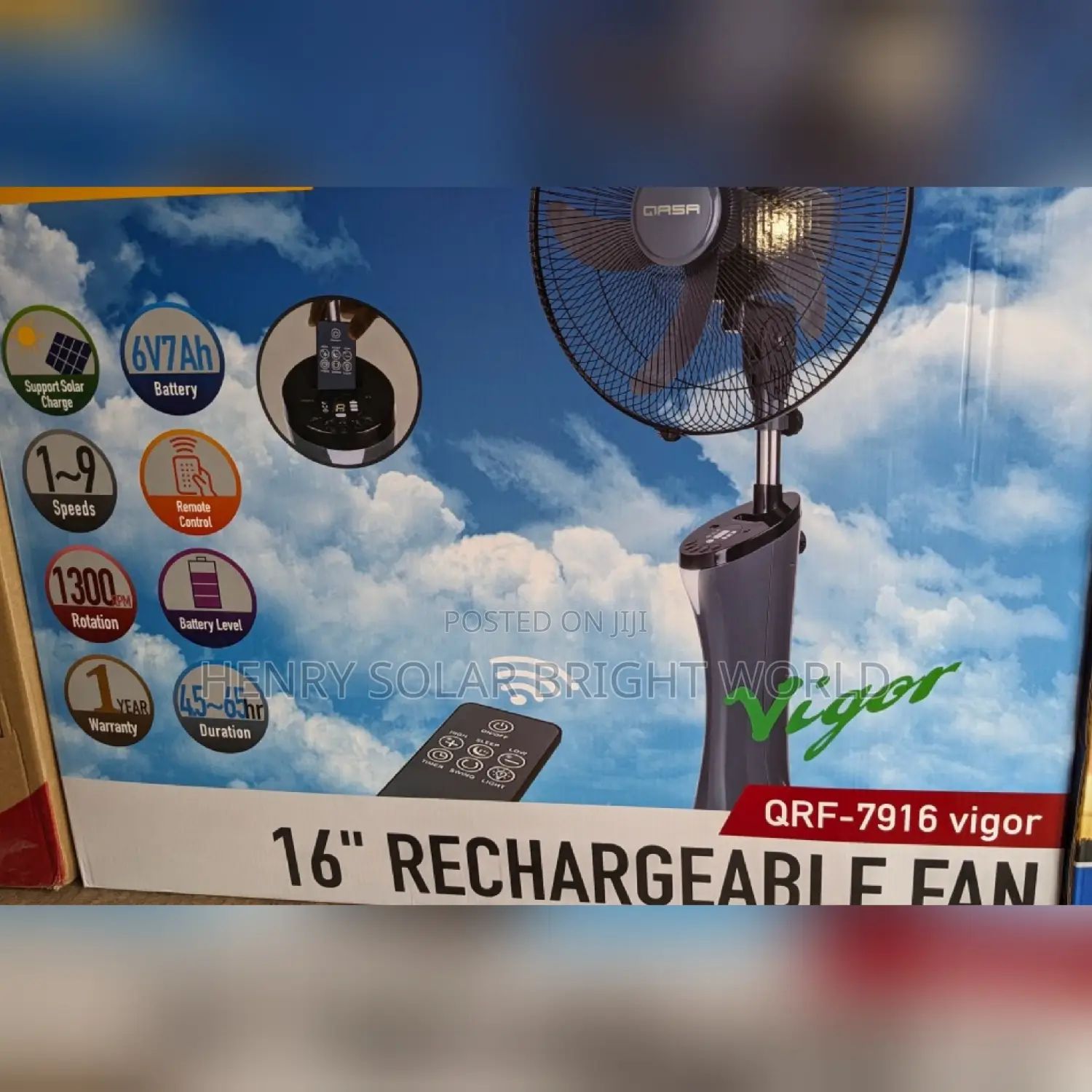 Qasa 16 Inc Solar Rechargeable Fan