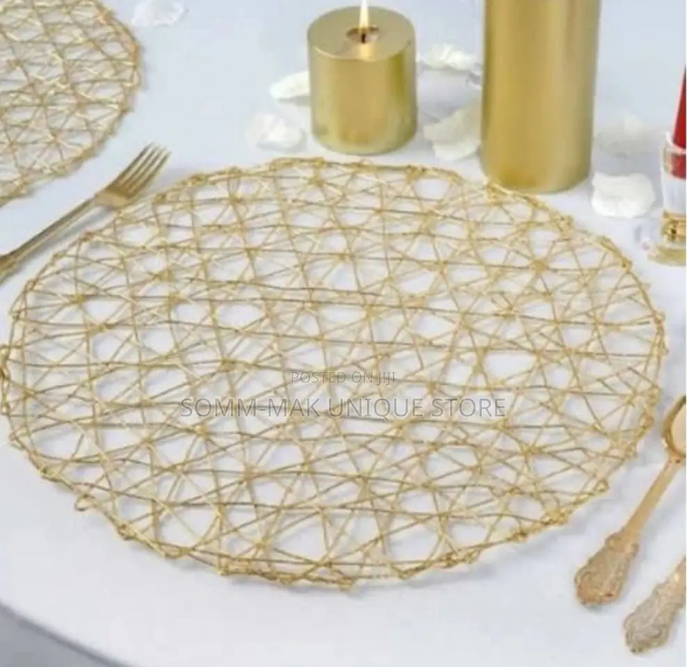 Gold Metallic String Woven Round Placemats - 6pcs