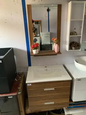 Hanging Cabinet Basin and Mirror With Wooden Color Design
