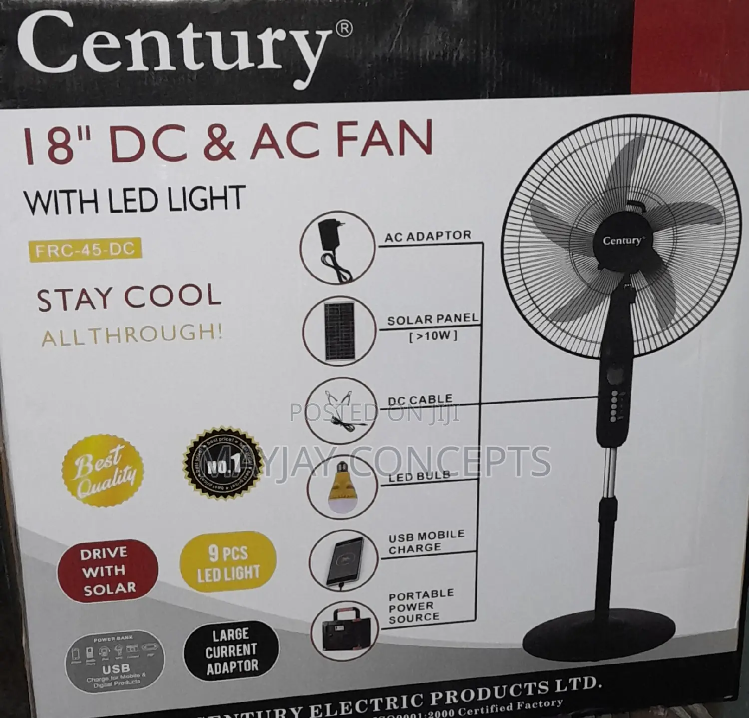18" 3-in-1 Century Ac/Dc Solar Standing Fan With Led Light