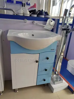 Blue and White Cabinet With Curve Basin