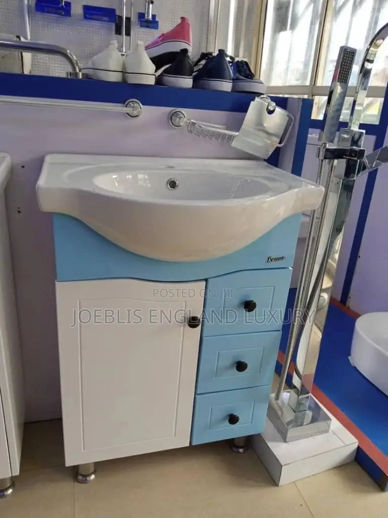 Blue and White Cabinet With Curve Basin
