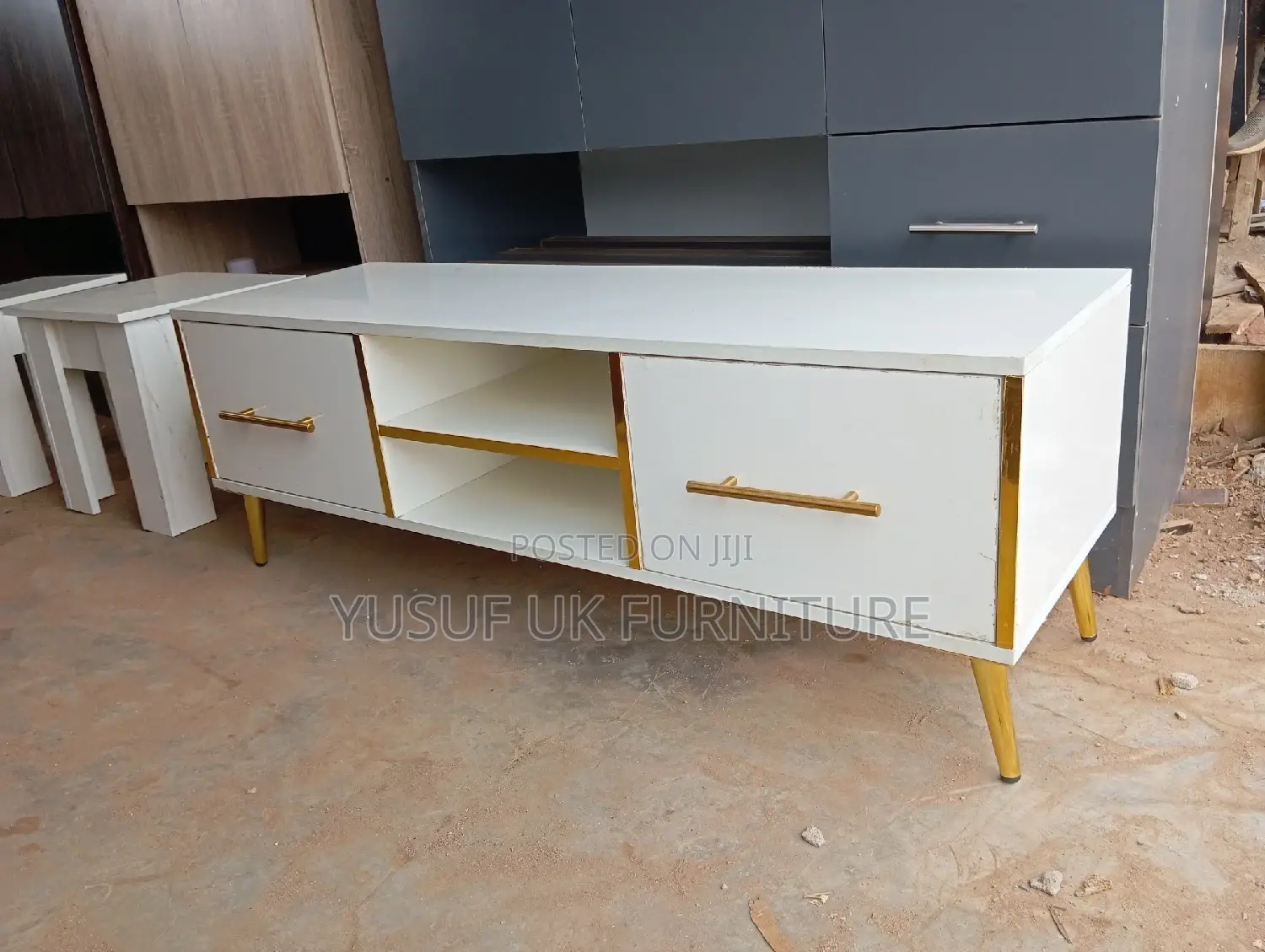 Tv Console With Gold Edges and Gold Legs