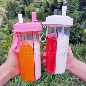 Double Drinking Cup With Two Independent Straws Leakproof