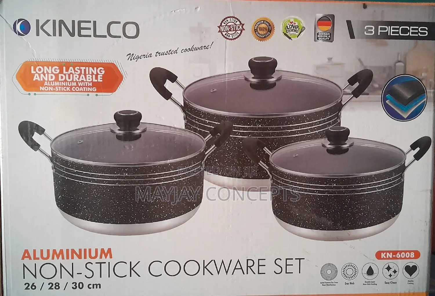 3-Set Kinelco Non-Stick Pot/Cookware 26cm/28cm/30cm Di