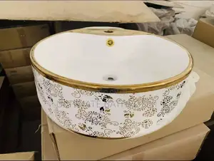White And Gold Flower Design Washing Hand Basin