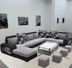 Set of U-Shape Sofa Chairs With Table and Side Stools. Gray