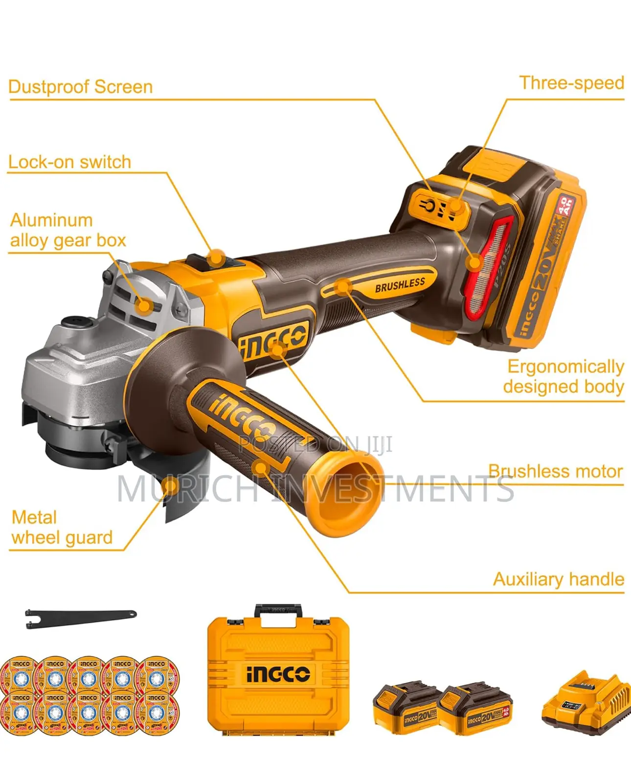 INGCO 115mm Cordless Angle Grinder 20V Brushless Angle Grind