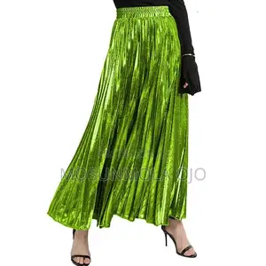 High Waist Shiny Metallic Luster Pleated Maxi Long Skirt