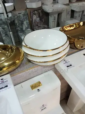 White and Stripe Gold Counter Top Basin