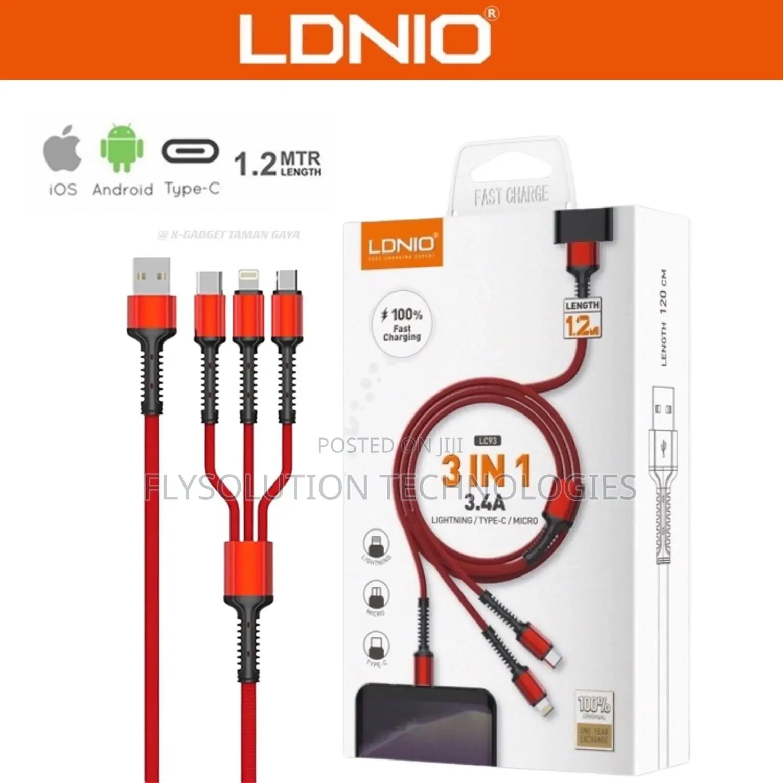 Ldnio 3.4A 3 in 1 Fast Charging Cable 1.2m Cable