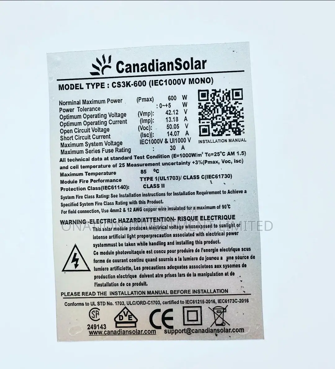 600w Canadian Solar Panel Mono
