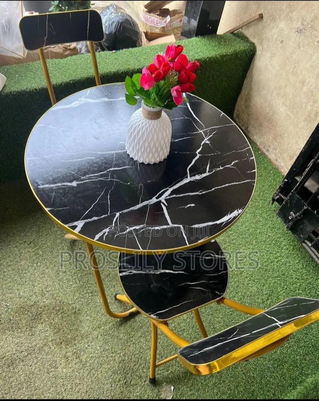 Black Faux Marble Table and Chaira