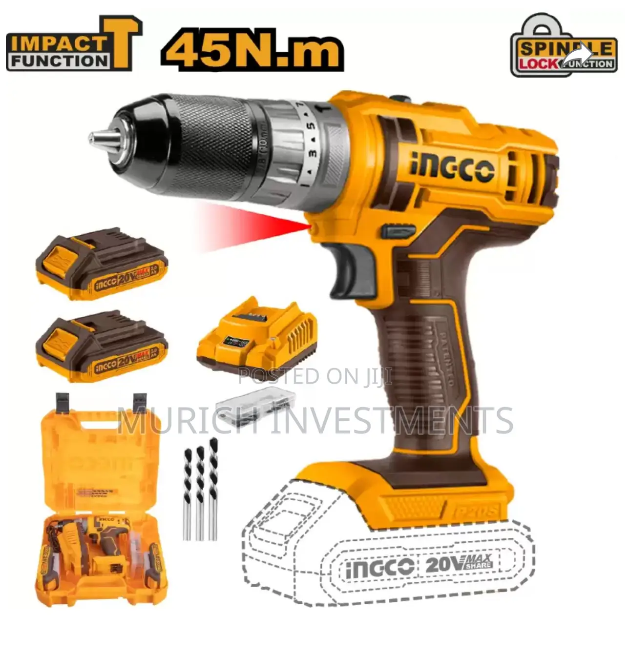 INGCO 54pcs Impact Drill Machine Kit, 20V Lithium Impact