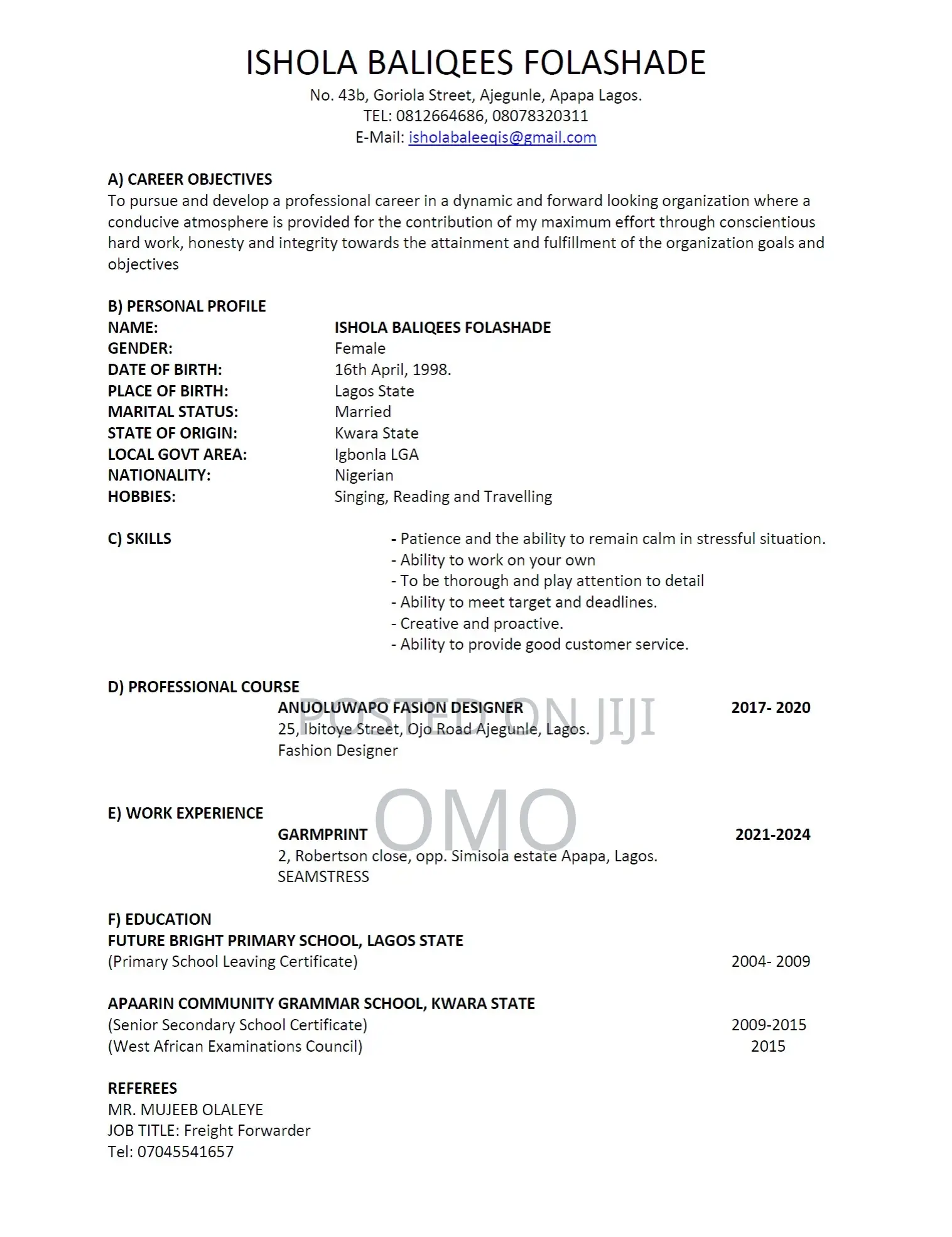 Application for Seamstress