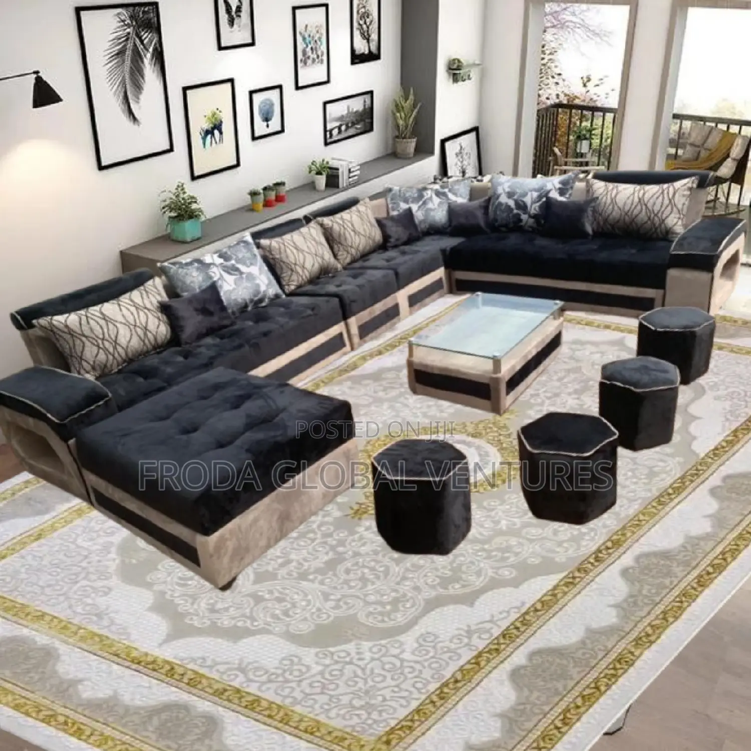 Set of U-Shape Sofa Chairs With Table and Side Stools