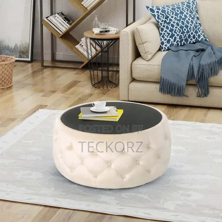 Upholstered Tufted Center Coffee Table With Glass Top