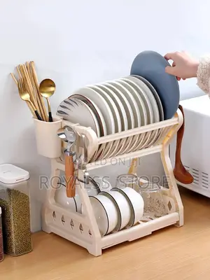 Double Layer Plastic Dish Rack and Utensils Holder