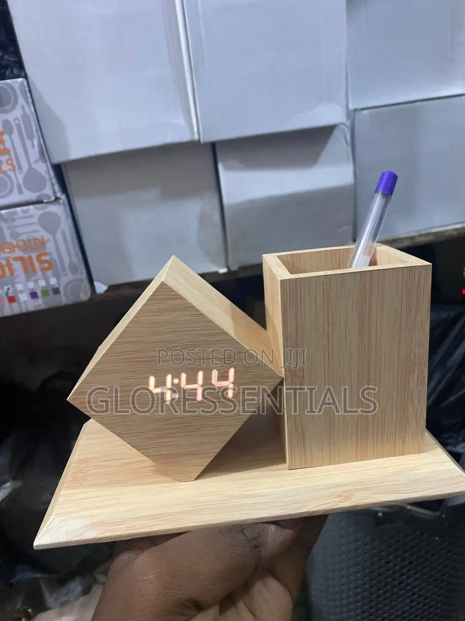 Wooden Table Top Digital Clock and Pen Holder
