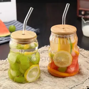 500ml Stripe Glass Cup With Straw