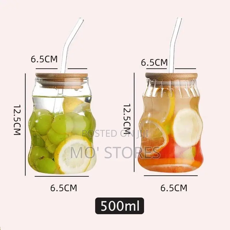 500ml Stripe Glass Cup With Straw