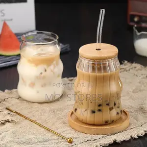 500ml Stripe Glass Cup With Straw