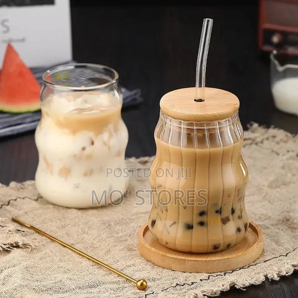 500ml Stripe Glass Cup With Straw
