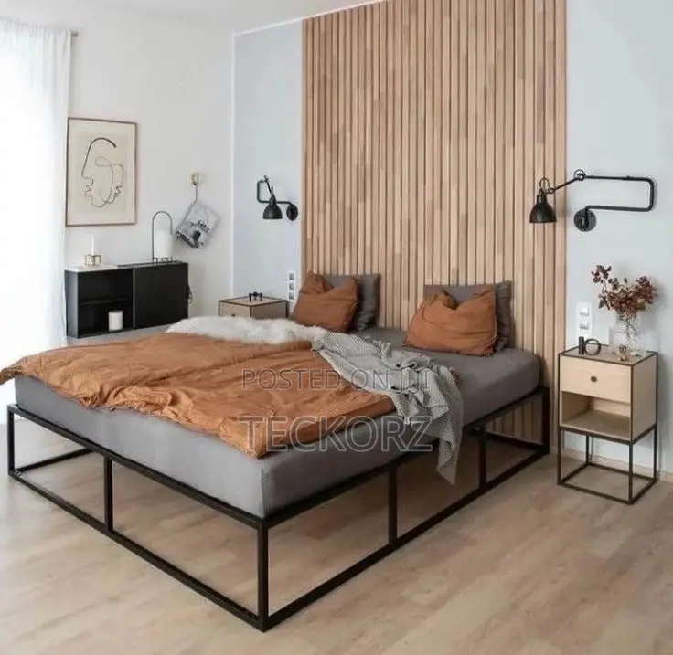 Metal Bed Frame, Fluted Wall Panel Night Stands