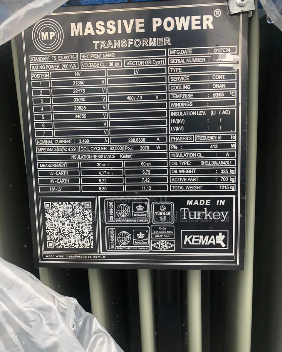 200kva 33/0.400kv Massive Power Transformer