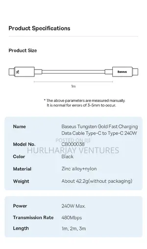 2m Baseus 240w Pd3.1 Fast Charging Cable