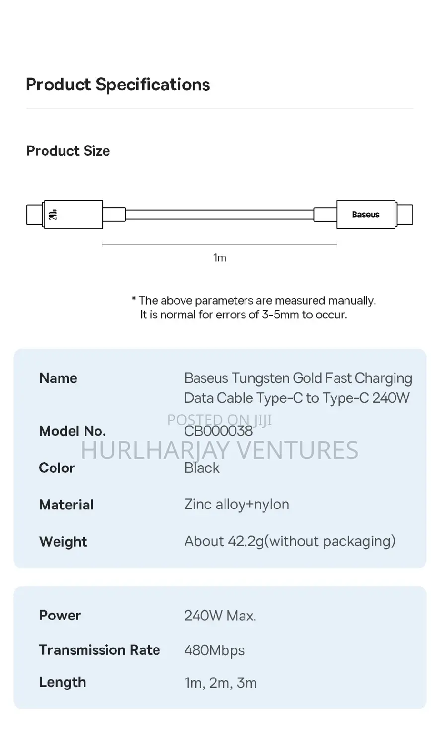 2m Baseus 240w Pd3.1 Fast Charging Cable