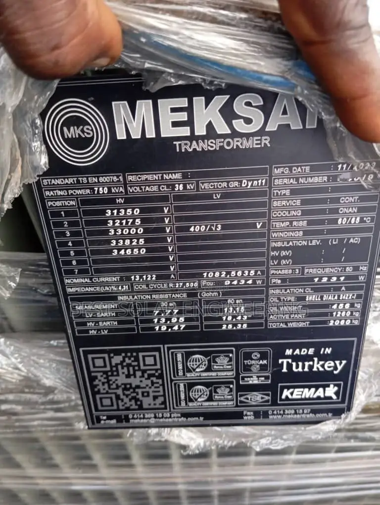 750kva 33/0.400kv Meksan Transformer
