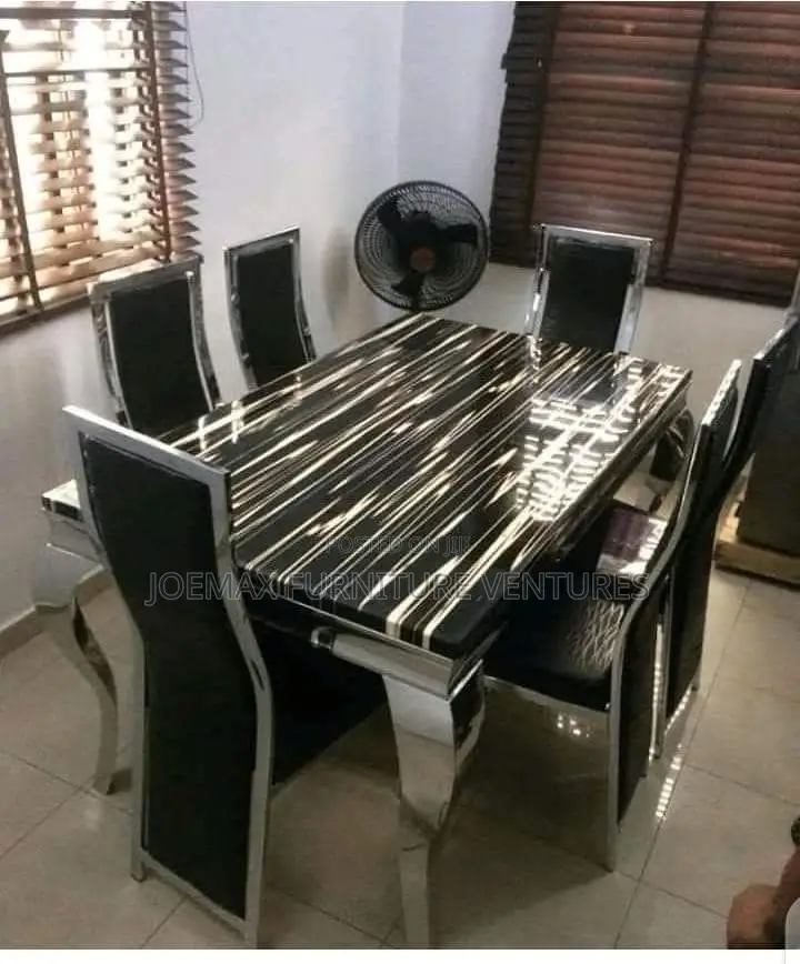 Marble Dining Table By6 With Six Leather Chairs.