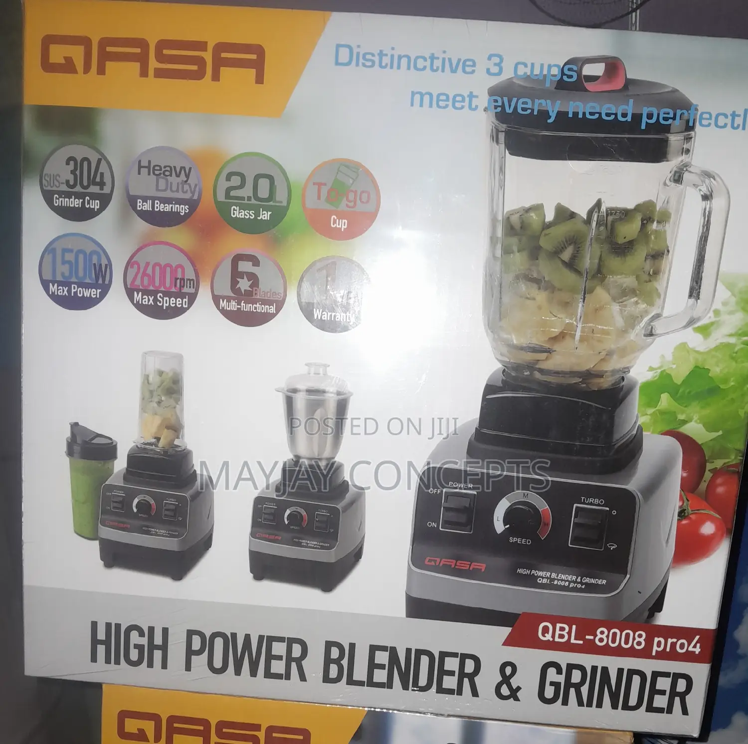 QASA High Power Blender Grinder,3-Jar Glass Stainless Pro4