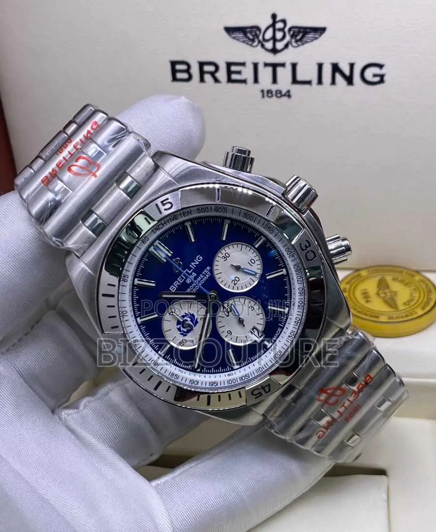 Original BREITLING Chronograph Blue Dail Silver Chain Watch
