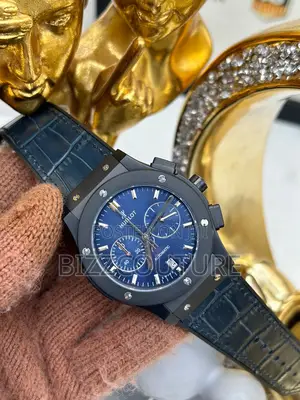 Photo - Original Hublot Chronograph Blue Dail Black Leather Watch