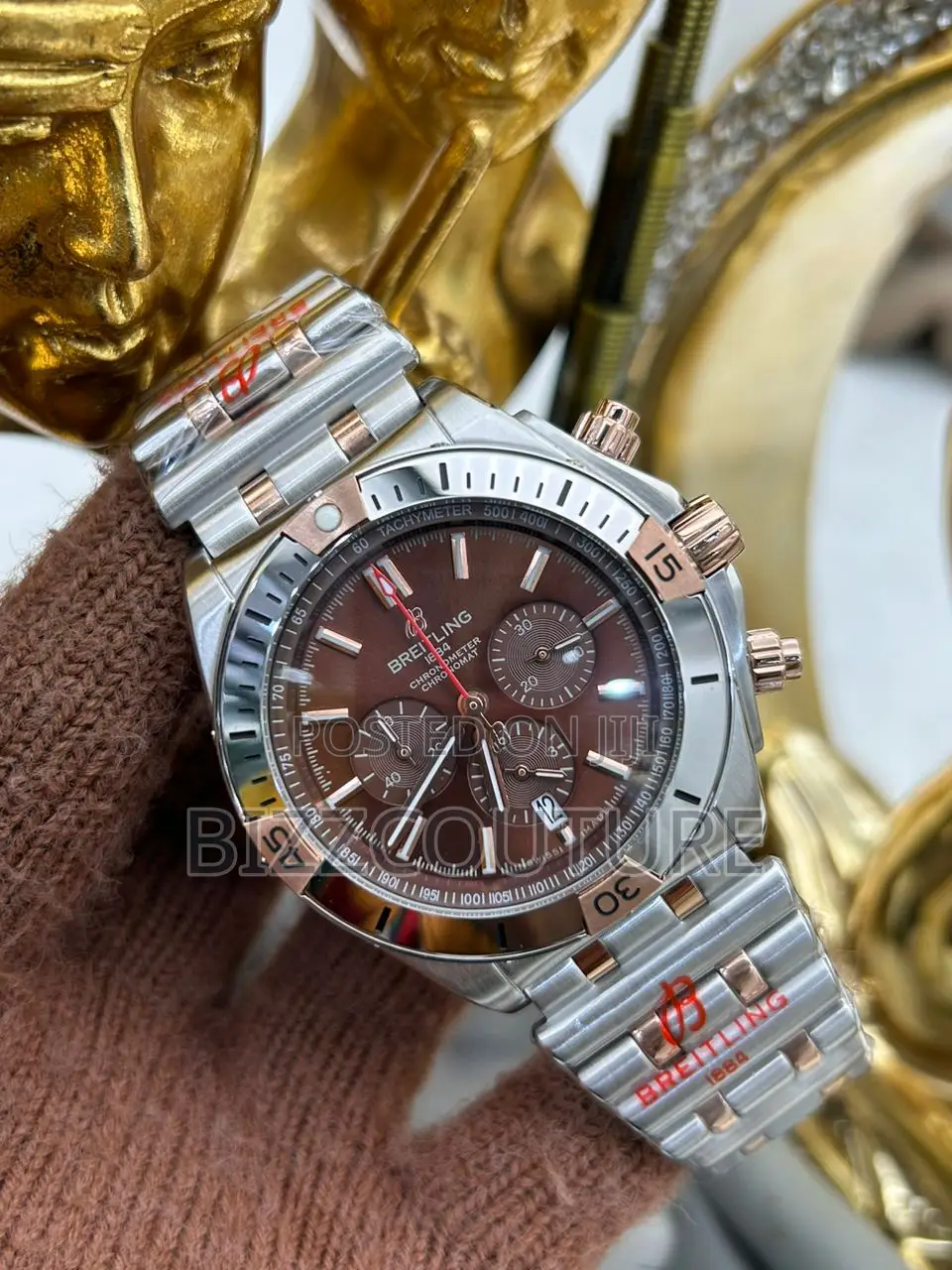 Original BREITLING Chronograph Brown Dail Silver Chain Watch
