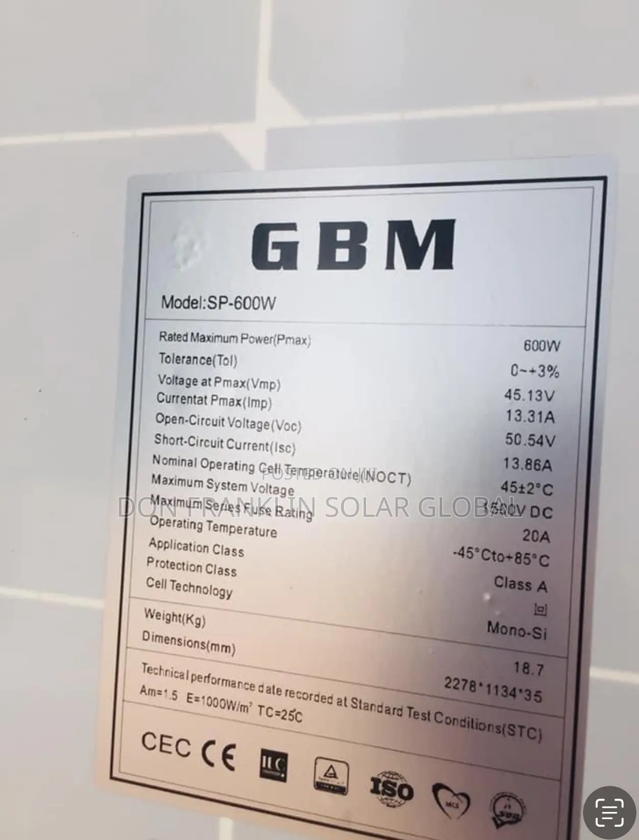 600watt GBM Mono Crystalline Solar Panel