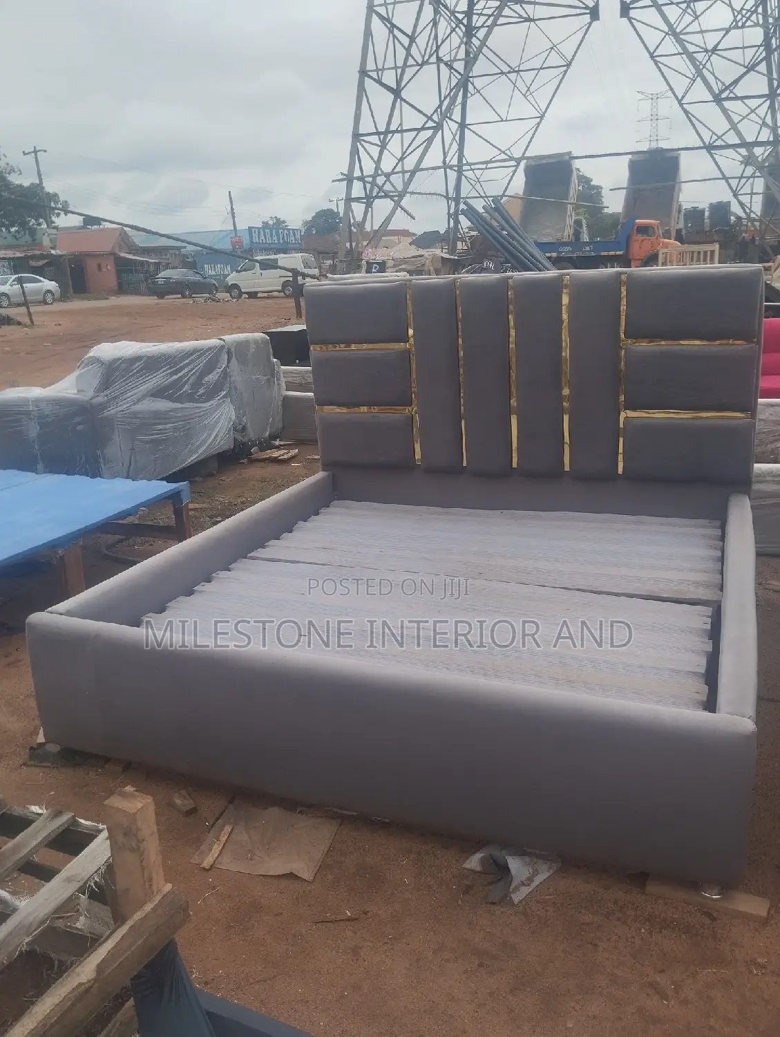 High Quality Padded Bedframe With Gold Edging Stripe Design