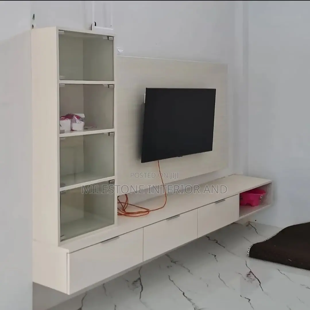 Tv Panel With Glass Shelves and Suspended Console
