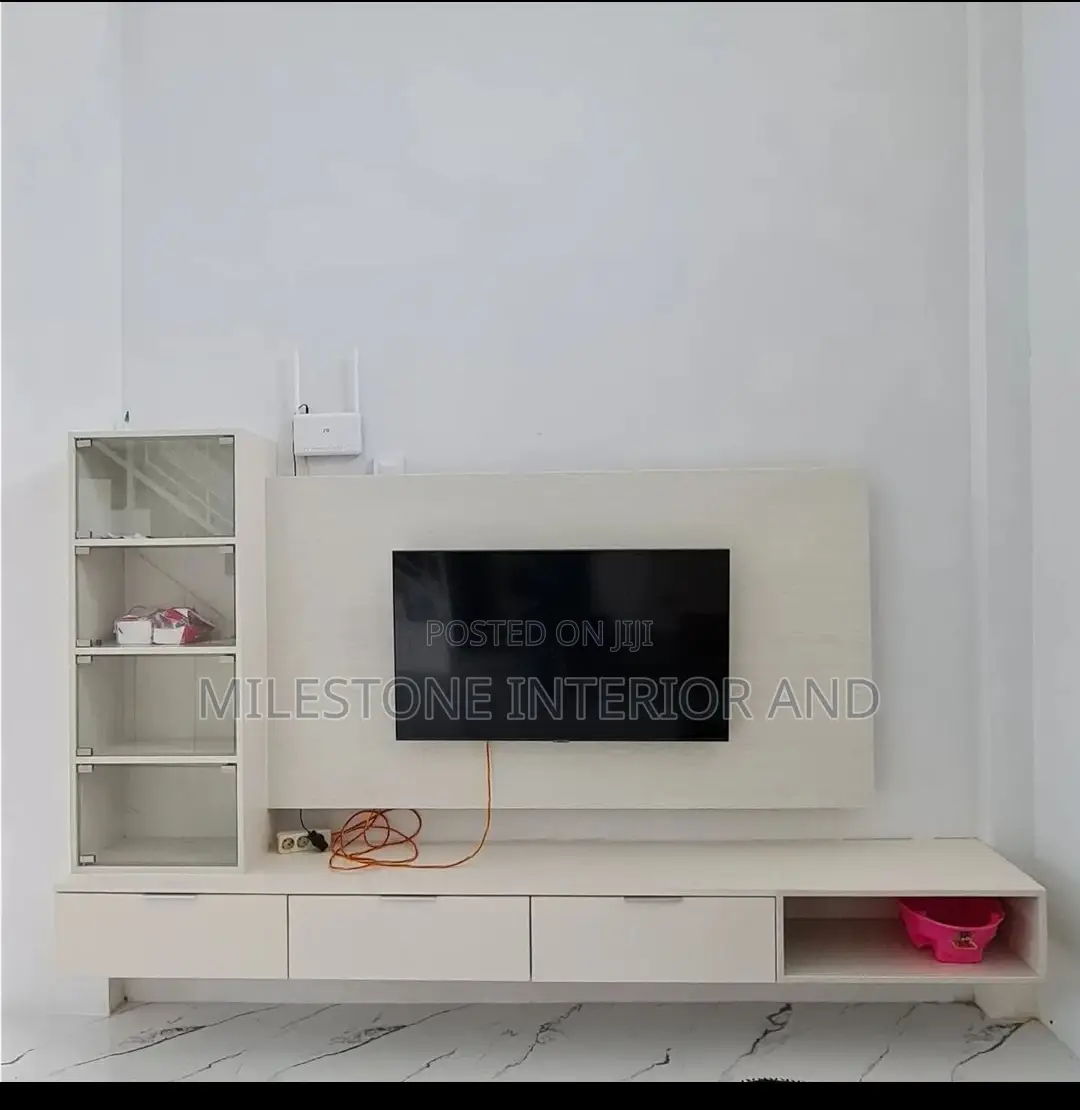 Tv Panel With Glass Shelves and Suspended Console