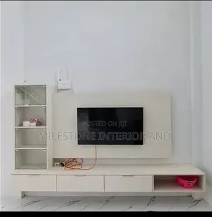 Tv Panel With Glass Shelves and Suspended Console