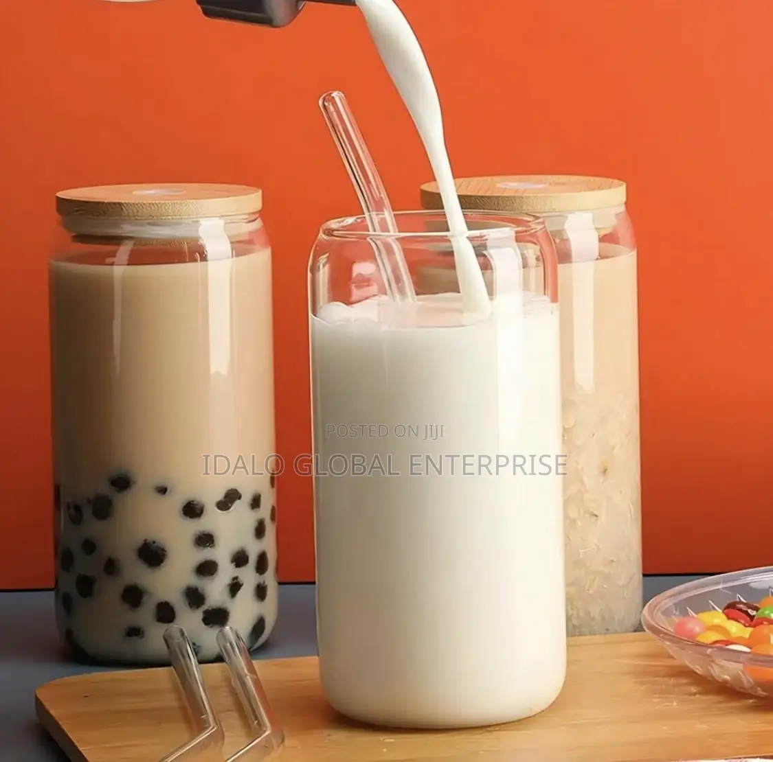 Drinking Glass With Bamboo Lid and Straw