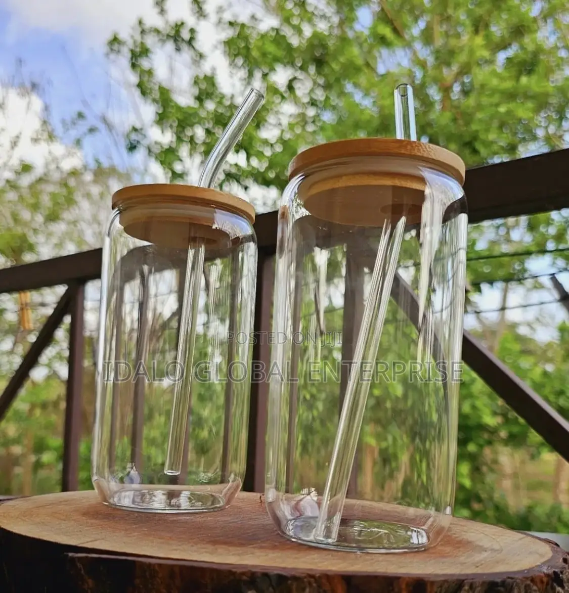 Drinking Glass With Bamboo Lid and Straw