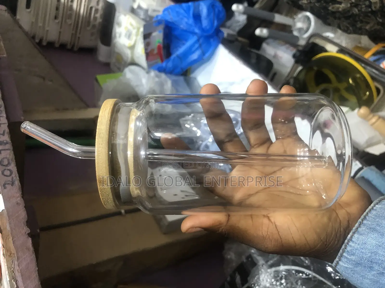 Drinking Glass With Bamboo Lid and Straw