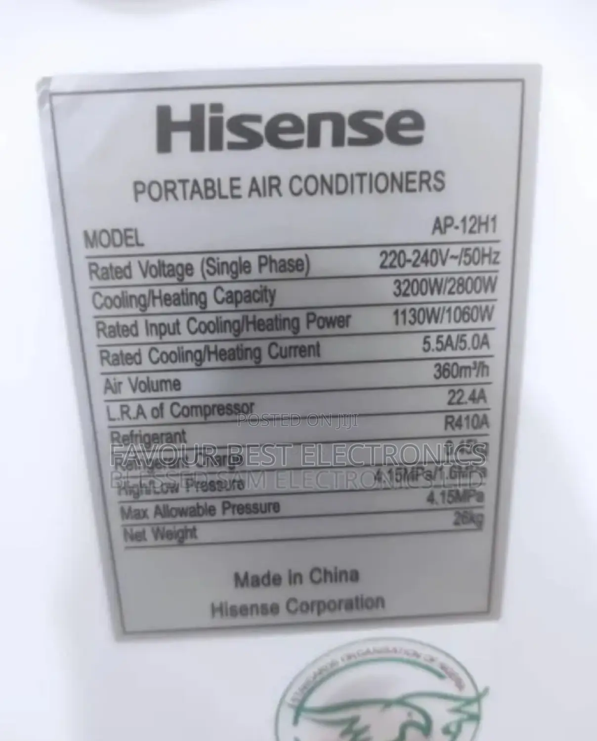 New Hisense 1.5hp Portable Air Conditioner(Copper ) 1year