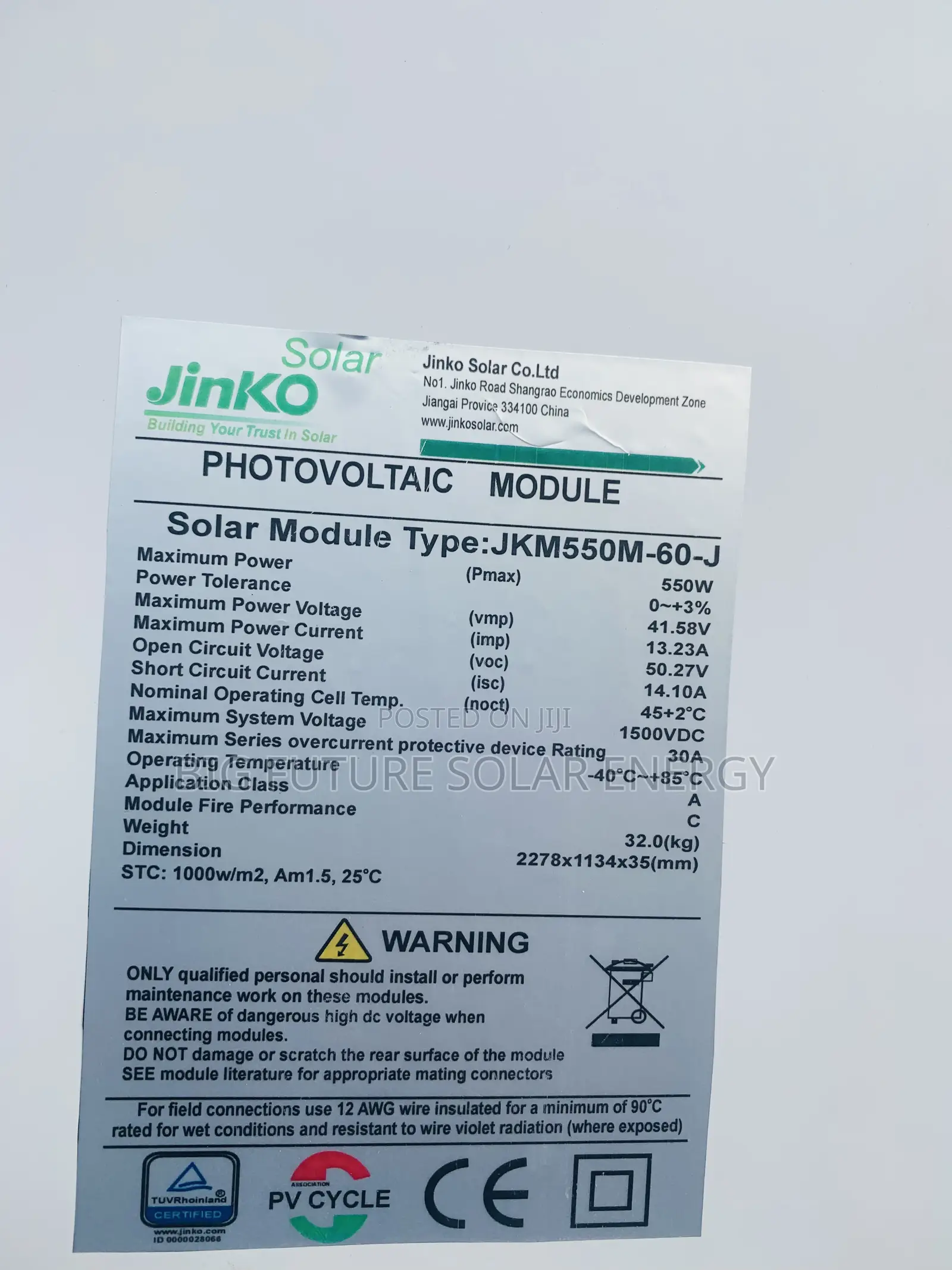 550w Jinko Solar Panel 144c