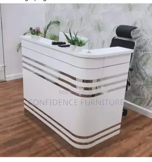 Pure White Receptionist Desk Designed With Silver Lining