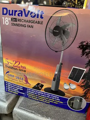 Duravolt Solar 18” Rechargeable Fan With Panel and Bulbs