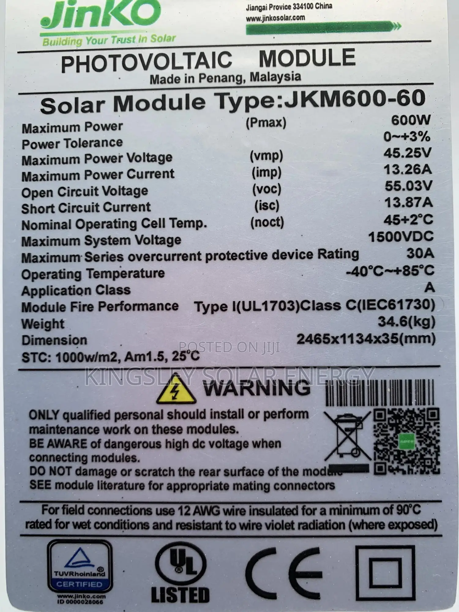 Jinko Solar Panel (Halfcut) 600watts